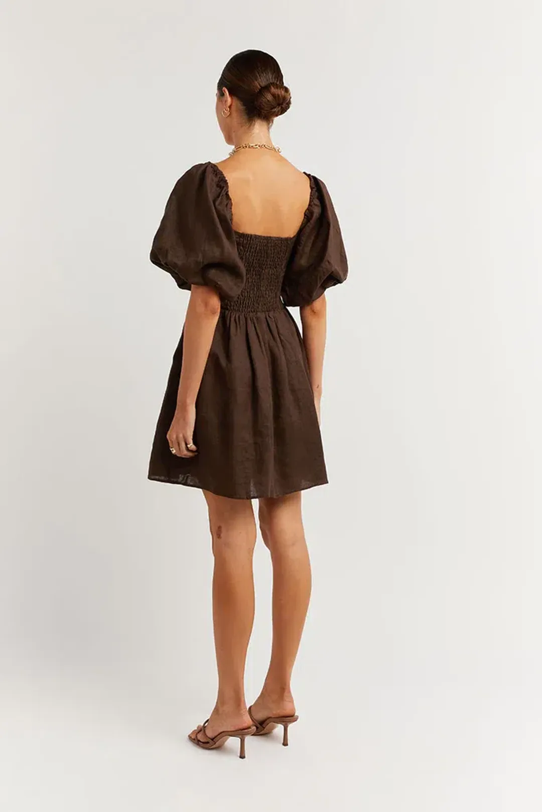 Dissh Sara Linen Mini Dress Dark Chocolate Size 16 for rent on The Volte - main image