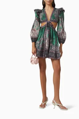 Zimmermann Anneke Ruffle Mini Dress Teal Paisley Size 0/Size 8 for rent on The Volte - image 1