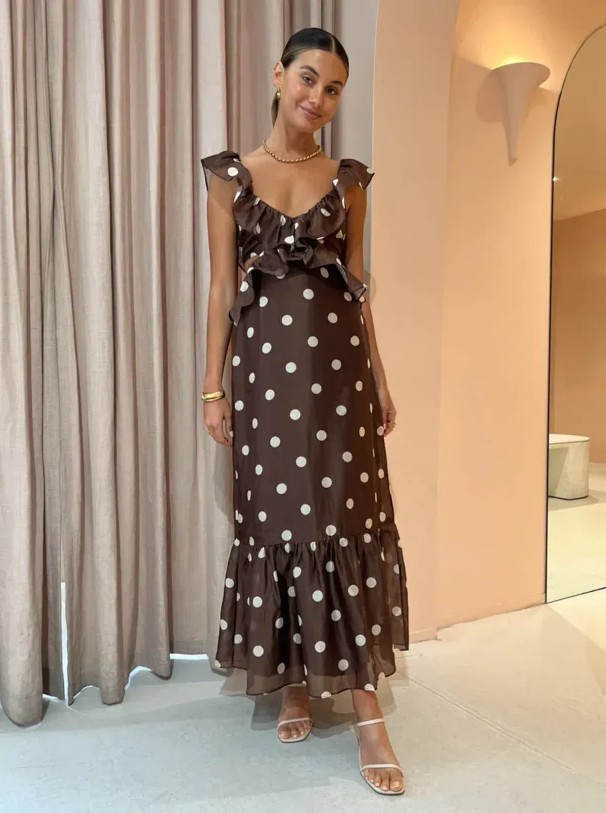 Sir the Label Vivi Frill Maxi Dress In Marlon Polka Dot Size 1 / AU 8 for rent on The Volte - main image