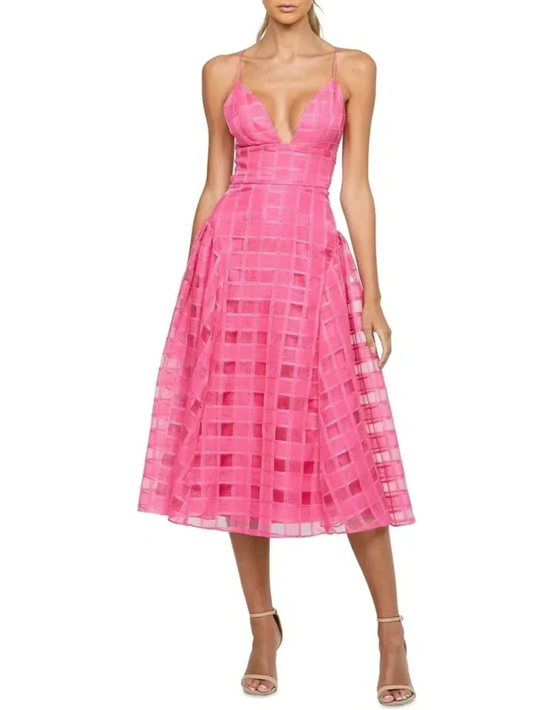 Bariano Kora V Neck Aline Midi Dress in Barbie Pink Size 10 for rent on The Volte - main image
