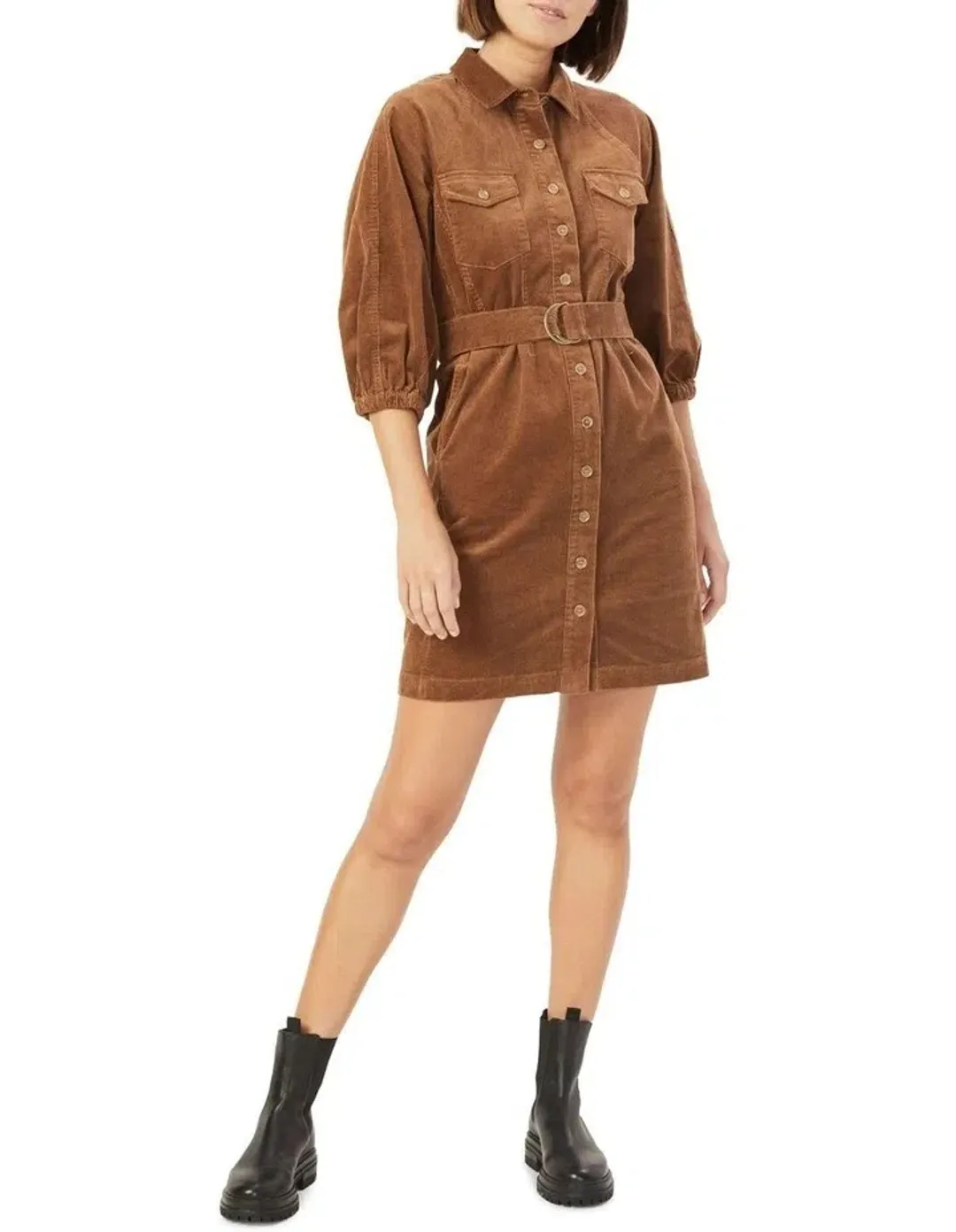 French Connection Corduroy Puff Sleeve Mini Dress Brown Size 12 for rent on The Volte - main image
