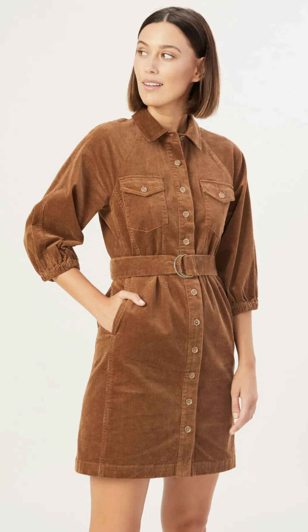 French Connection Corduroy Puff Sleeve Mini Dress Brown Size 12 for rent on The Volte - main image
