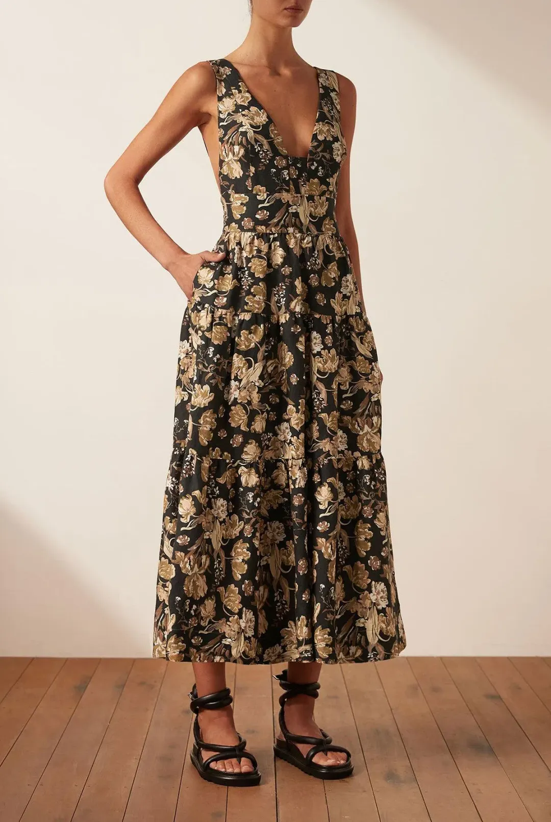 Shona Joy Palermo Linen Plunged Low Back Midi Dress Floral Size 8 / S for rent on The Volte - main image