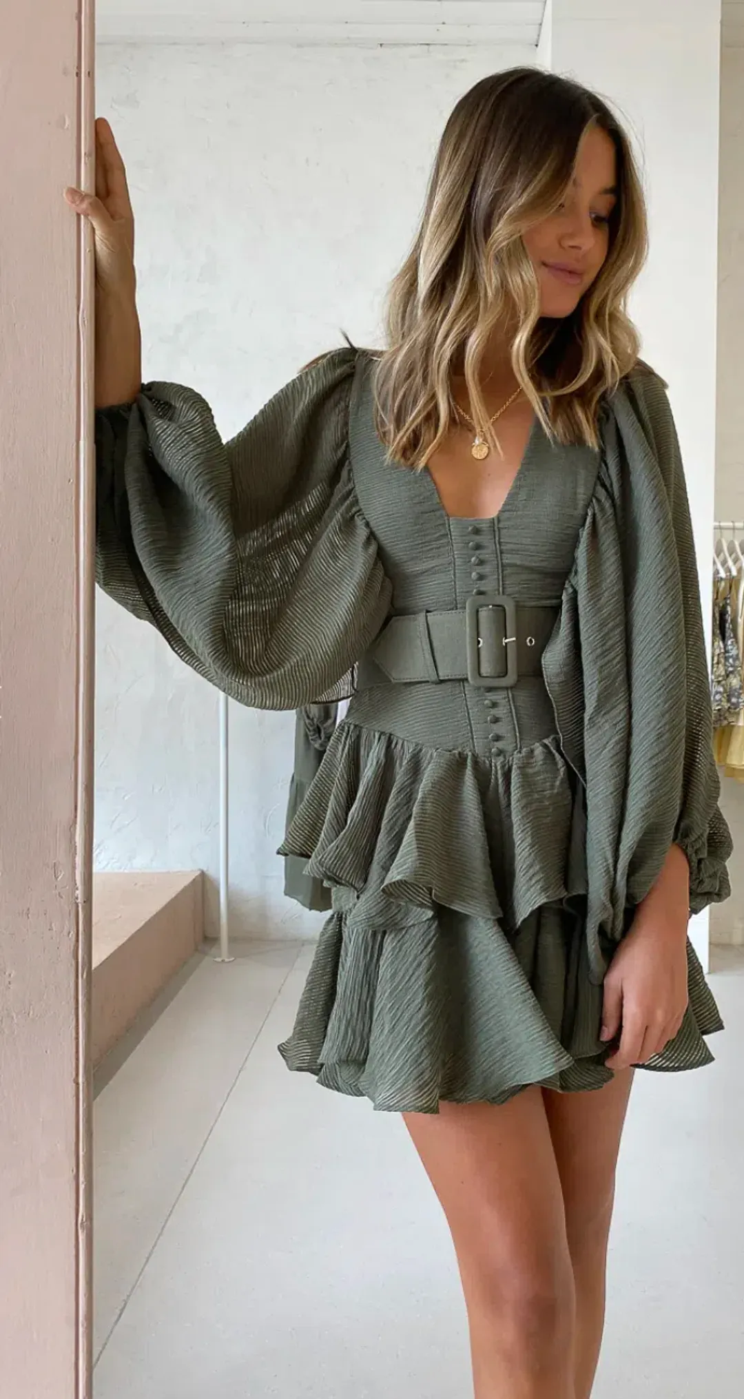 Shona Joy Charlotte Plunged Dress in Khaki Size 10 for rent on The Volte - main image