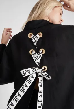 Aje Virtuous Lace-Up Longline Shirt In Black Size 10 for rent on The Volte - image 2