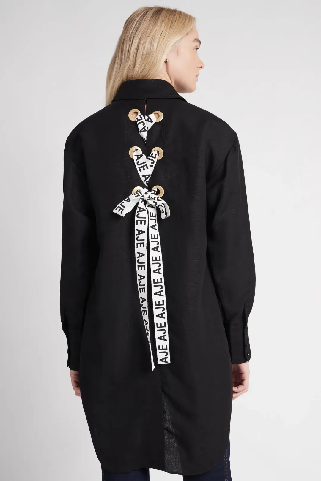 Aje Virtuous Lace-Up Longline Shirt In Black Size 10 for rent on The Volte - main image