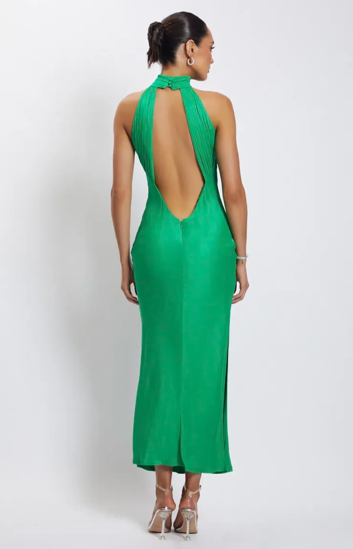 Meshki Claire Satin Drape Back Maxi Dress with Split Green Size 8 - Image 2