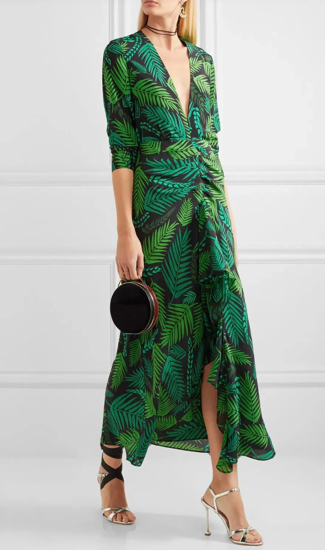 Rixo 'Rose' open back ruffled, green printed silk georgette maxi dress size Small AU10 for rent on The Volte - main image