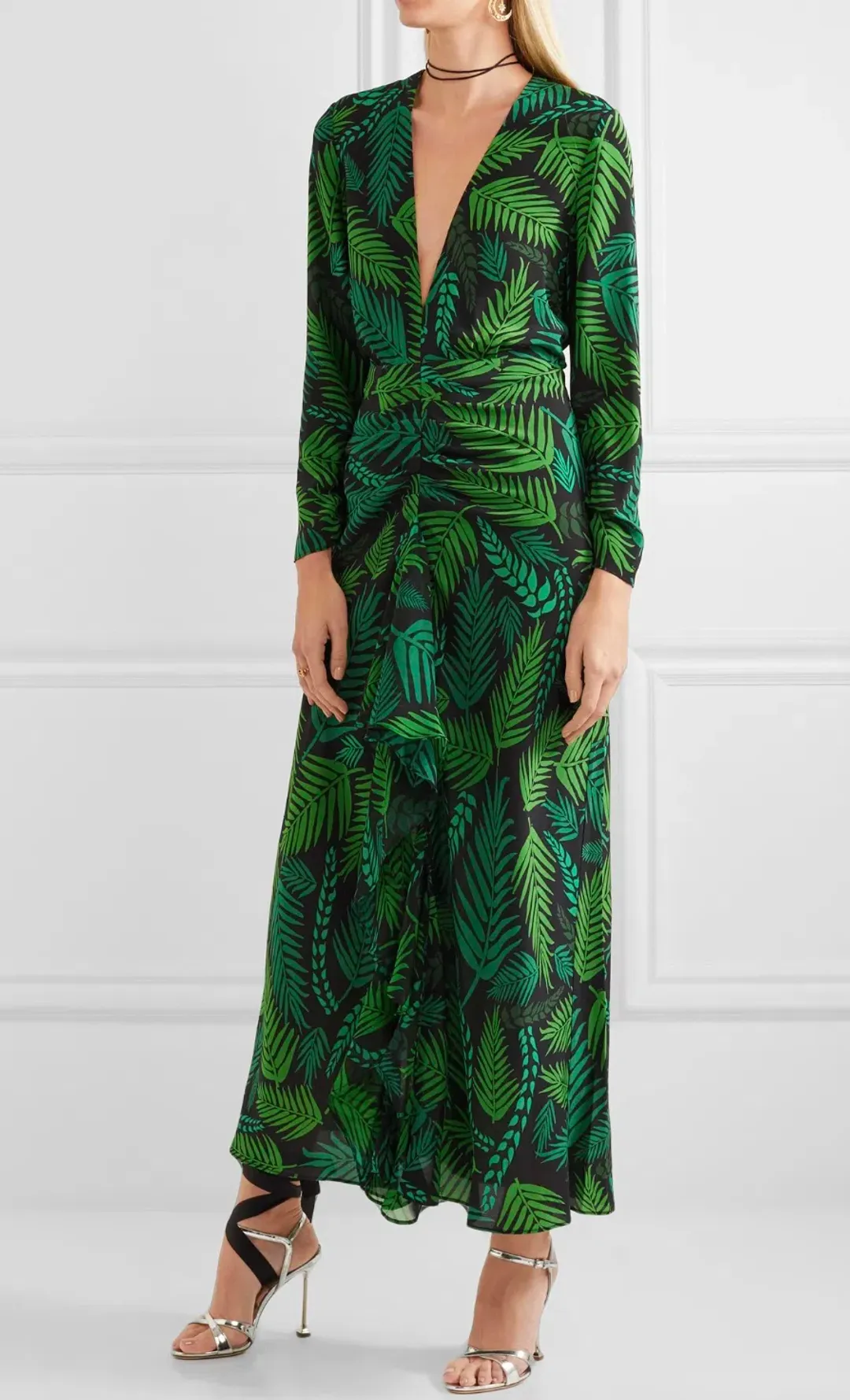 Rixo 'Rose' open back ruffled, green printed silk georgette maxi dress size Small AU10 for rent on The Volte - main image