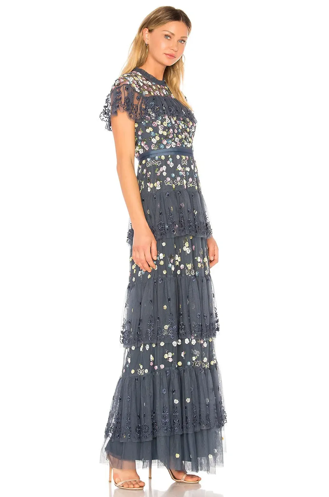 Needle and Thread Tiered Anglais Gown Washed Indigo Beaded Floral Size 8 for rent on The Volte - main image