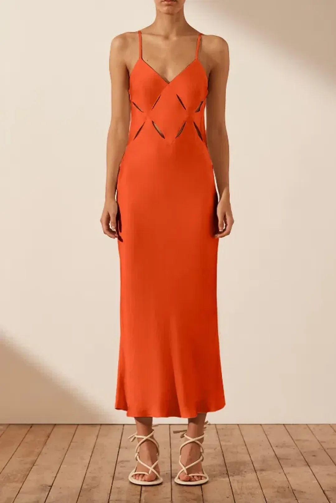 Shona Joy Milo Cut Out Slit Midi Dress - Hibiscus Red/ Orange Size AU 12 for rent on The Volte - main image