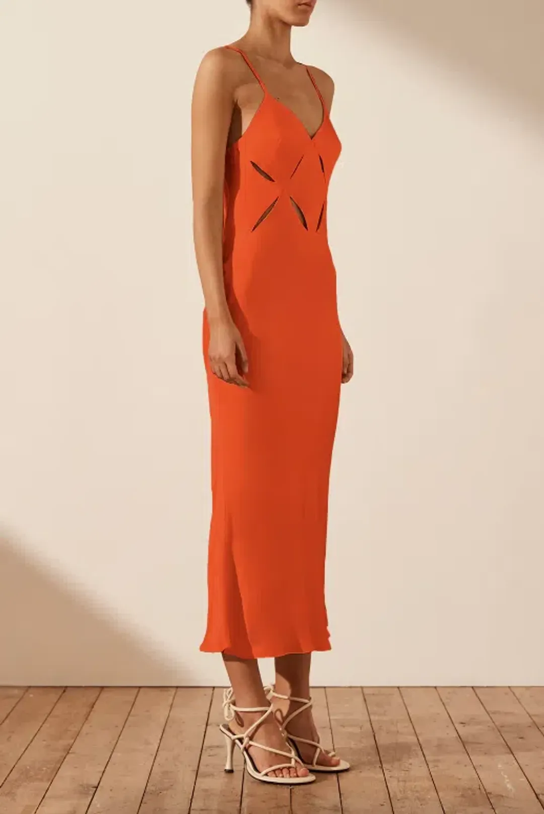 Shona Joy Milo Cut Out Slit Midi Dress - Hibiscus Red/ Orange Size AU 12 for rent on The Volte - main image