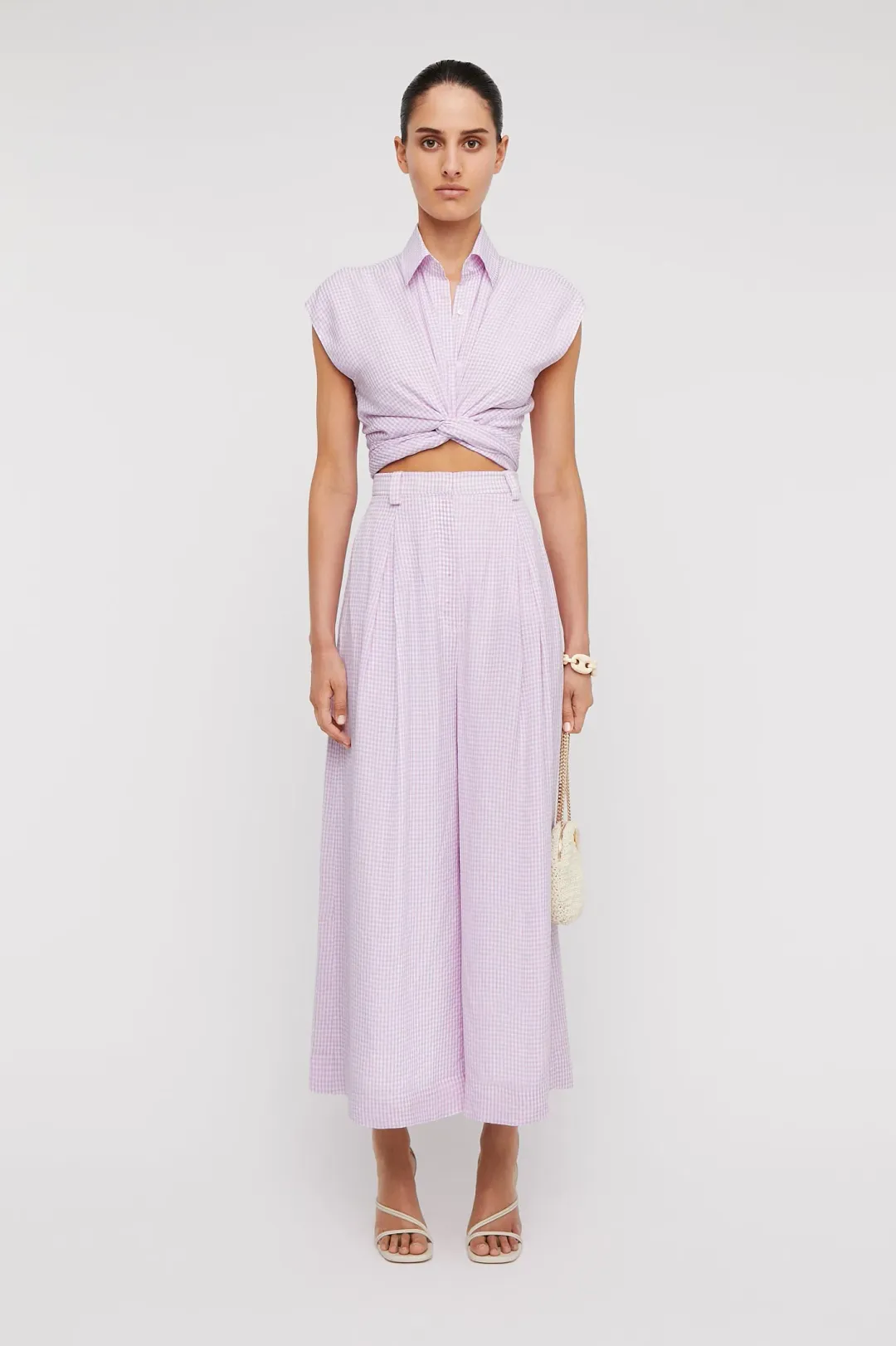 Scanlan Theodore Gingham Tie Front Shirt & Cropped Trouser Set Mauve Size AU 8 for rent on The Volte - main image