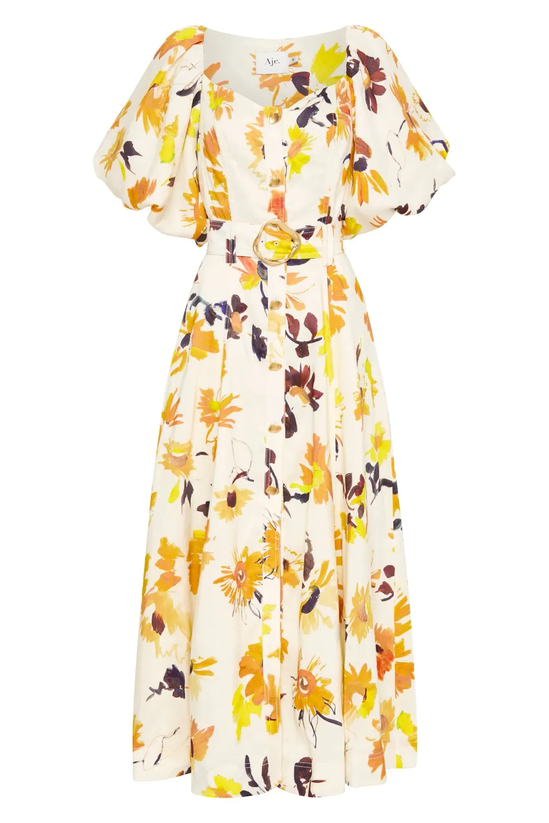 Aje Soleil Belted Midi Dress Pressed Sunflowers Size 10 for rent on The Volte - main image