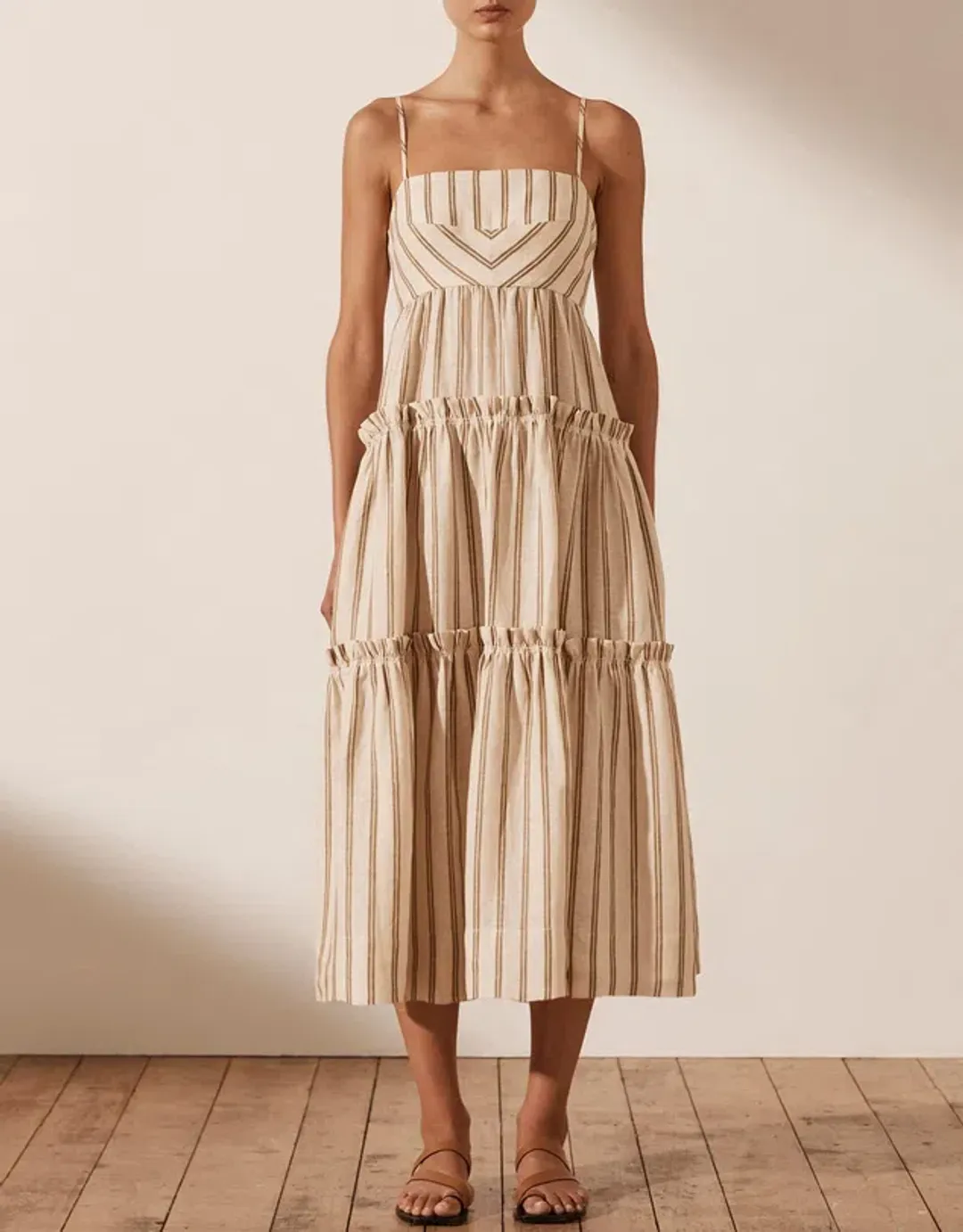 Shona Joy Aries Open Back Tiered Midi Dress Stripe Size 10 for rent on The Volte - main image