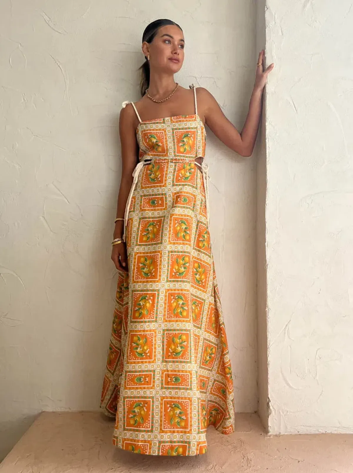 By Nicola Lemonade Tie Maxi Dress In Orange Mosaic Print Size 6 - Image 1