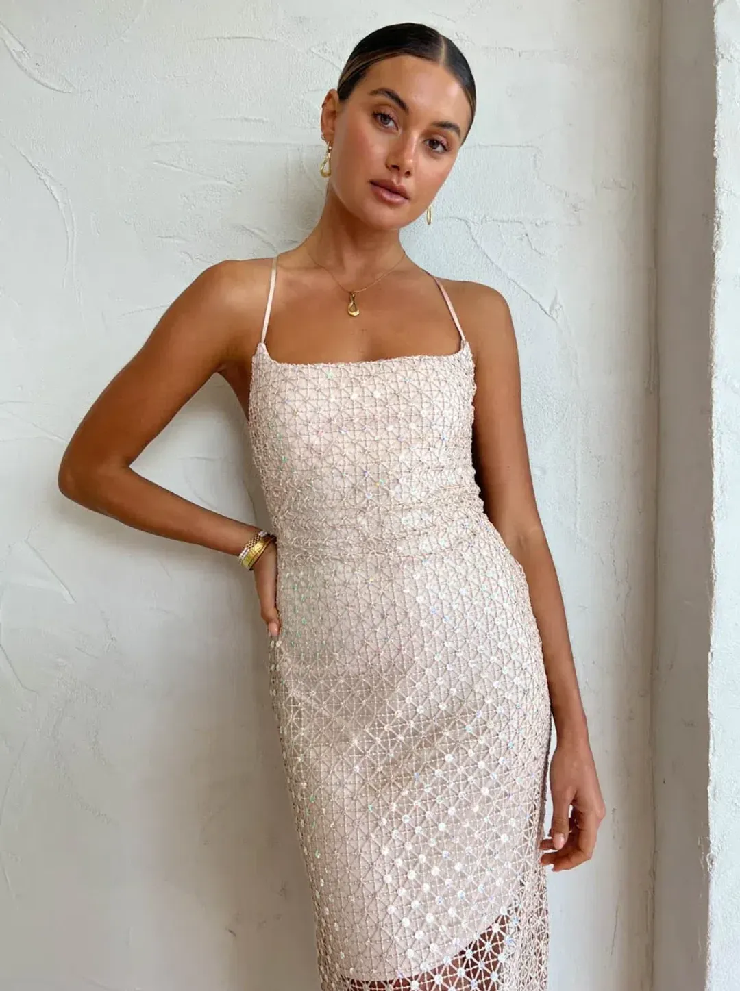 Manning Cartell Crochet Sequins Slip Dress Beige Size AU 8 for rent on The Volte - main image