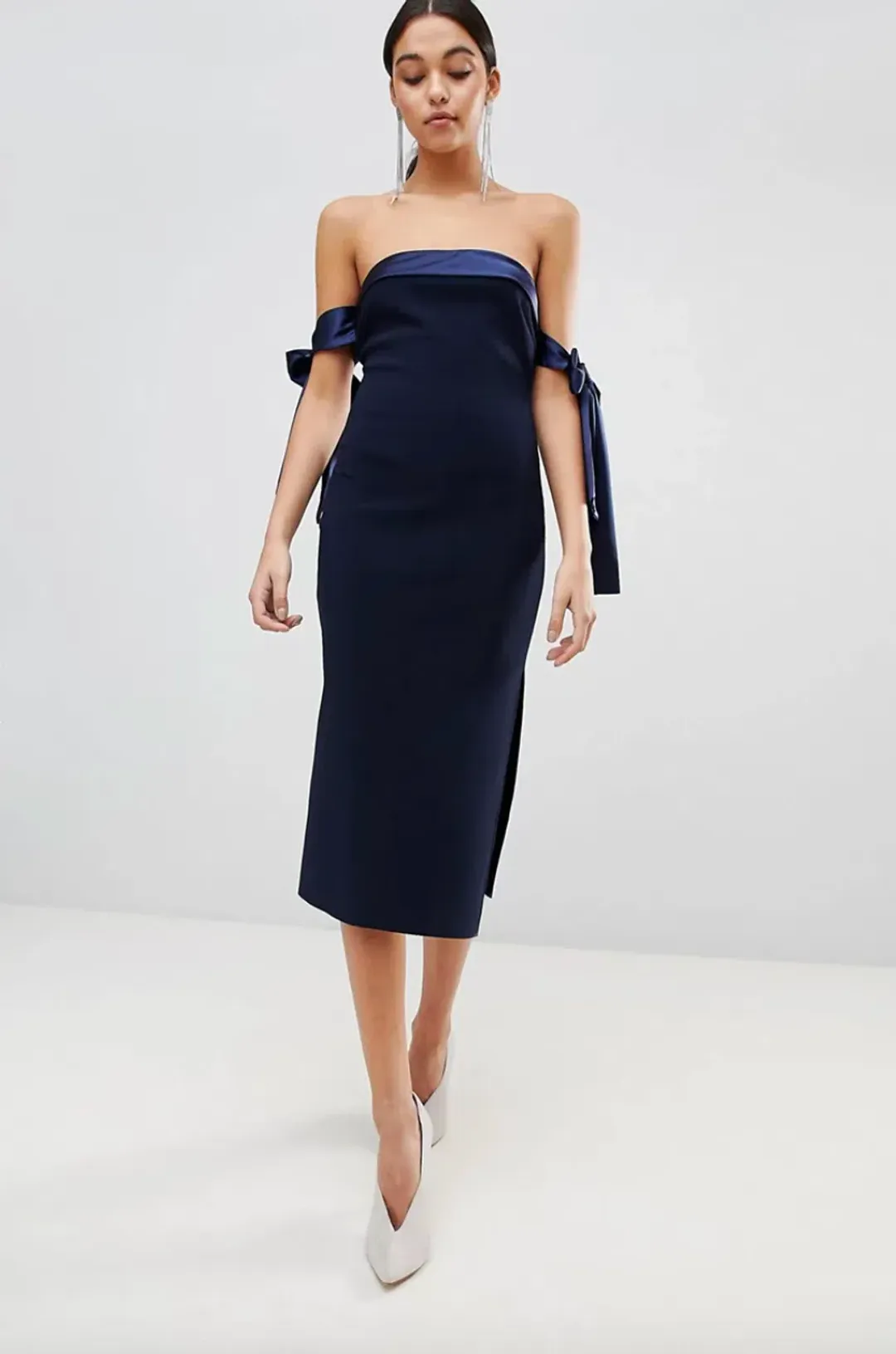 Bec & Bridge Tie Sleeve Off Shoulder Midi Dress Navy Size AU 6 for rent on The Volte - main image