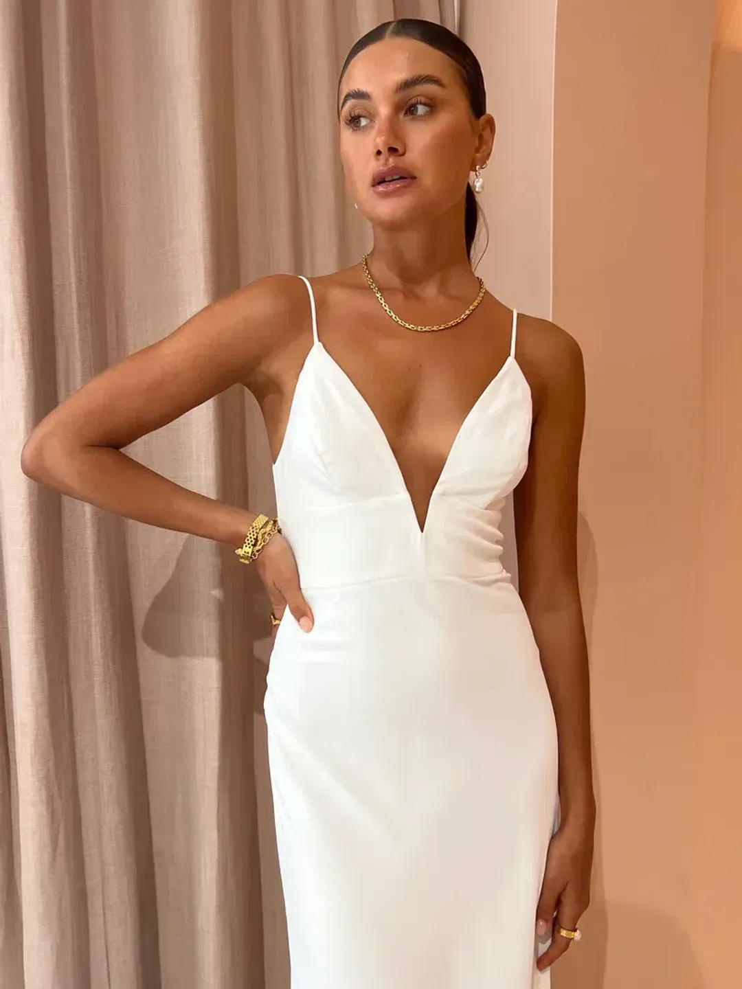 By Johnny Soraya V Front Midi Dress in Ivory White Size AU 8 for rent on The Volte - main image