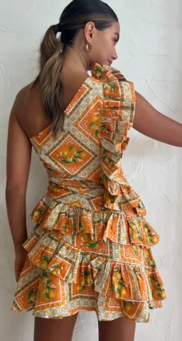 By Nicola Adrift Frill Mini Dress in Orange Mosaic Print Size 10 for rent on The Volte - image 3