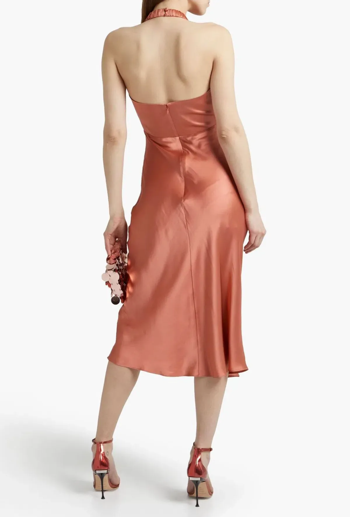 Nicholas Allia Ruched Silk Satin Halterneck Midi Dress Bellini Size 10 - Image 2