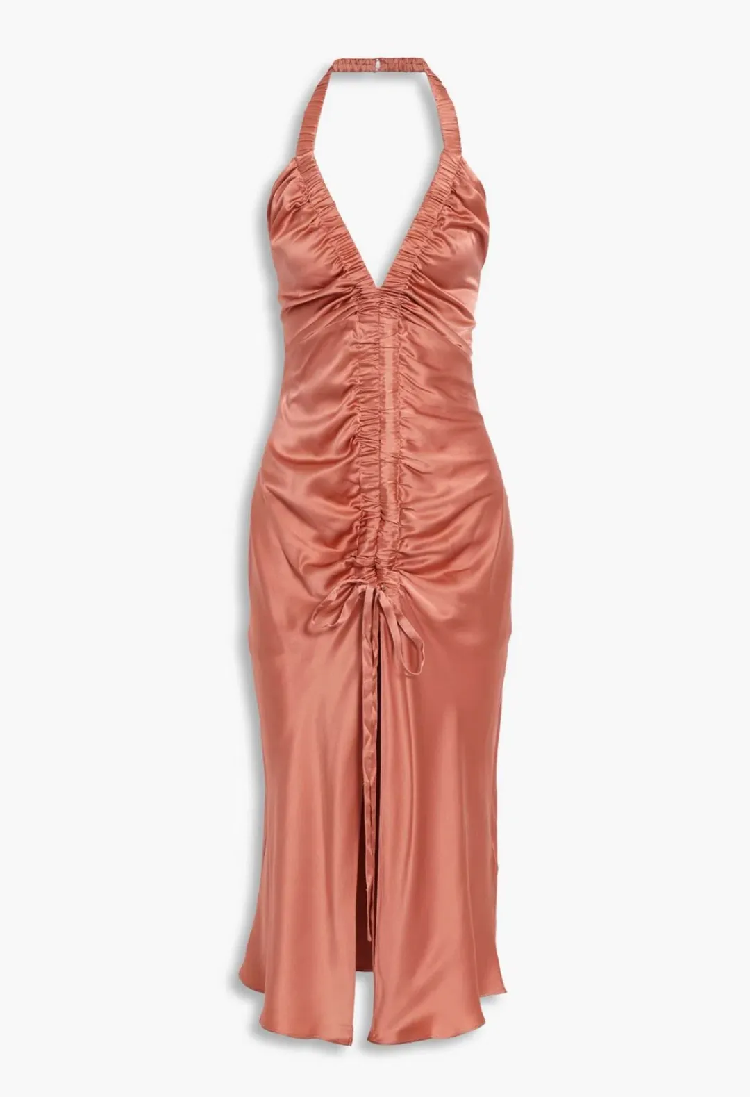 Nicholas Allia Ruched Silk Satin Halterneck Midi Dress Bellini Size 10 for rent on The Volte - main image