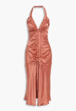 Nicholas Allia Ruched Silk Satin Halterneck Midi Dress Bellini Size 10 for rent on The Volte - image 3
