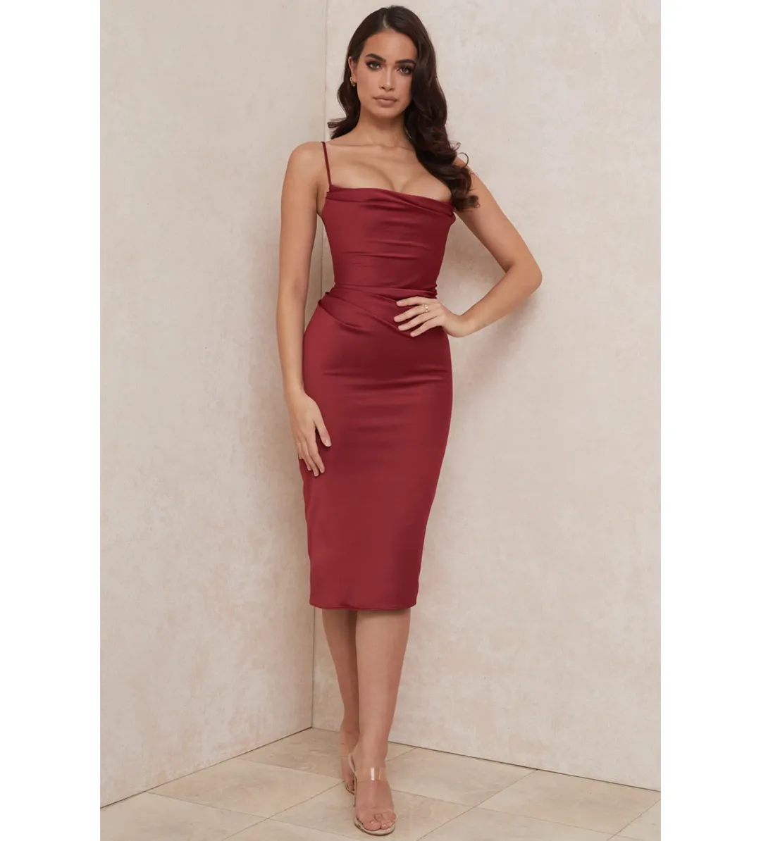 House of CB Anja Satin Corset Midi Dress Burgundy Size 6 for rent on The Volte - main image