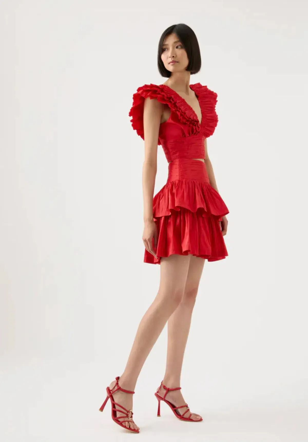 Aje Rhythmic Frill Bodice & Tiered Mini Skirt Set Scarlet Size 10 - Image 3