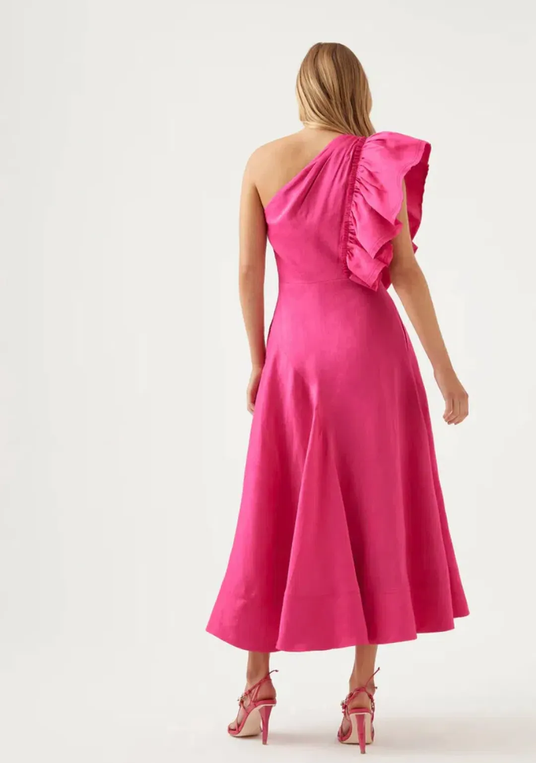 Aje Bonjour Asymmetric Midi Dress Fuchsia Size 10 for rent on The Volte - main image