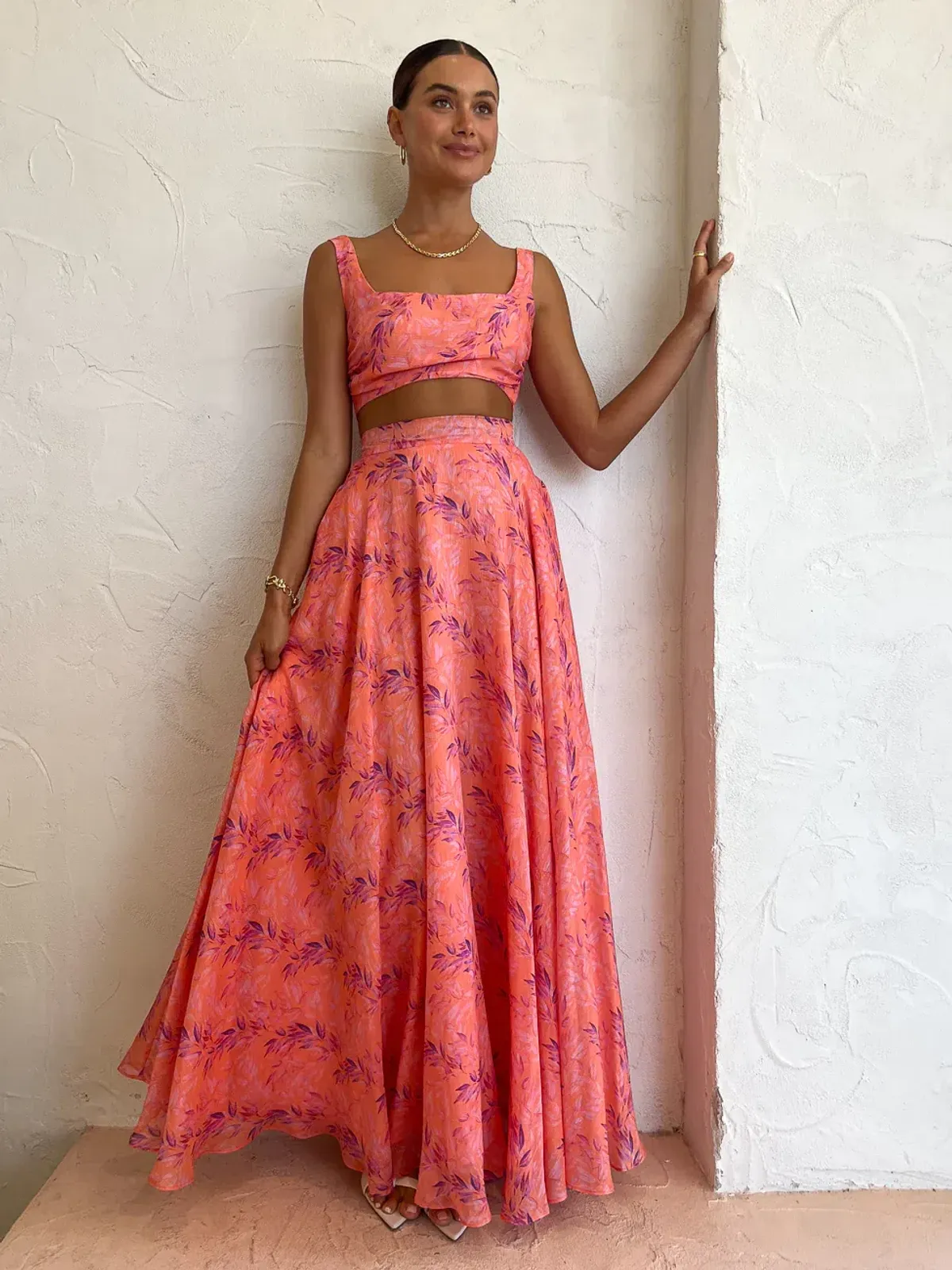 Sonya Moda Serena Maxi Skirt & Top In Peach Watercolour Print Size 8 - Image 1