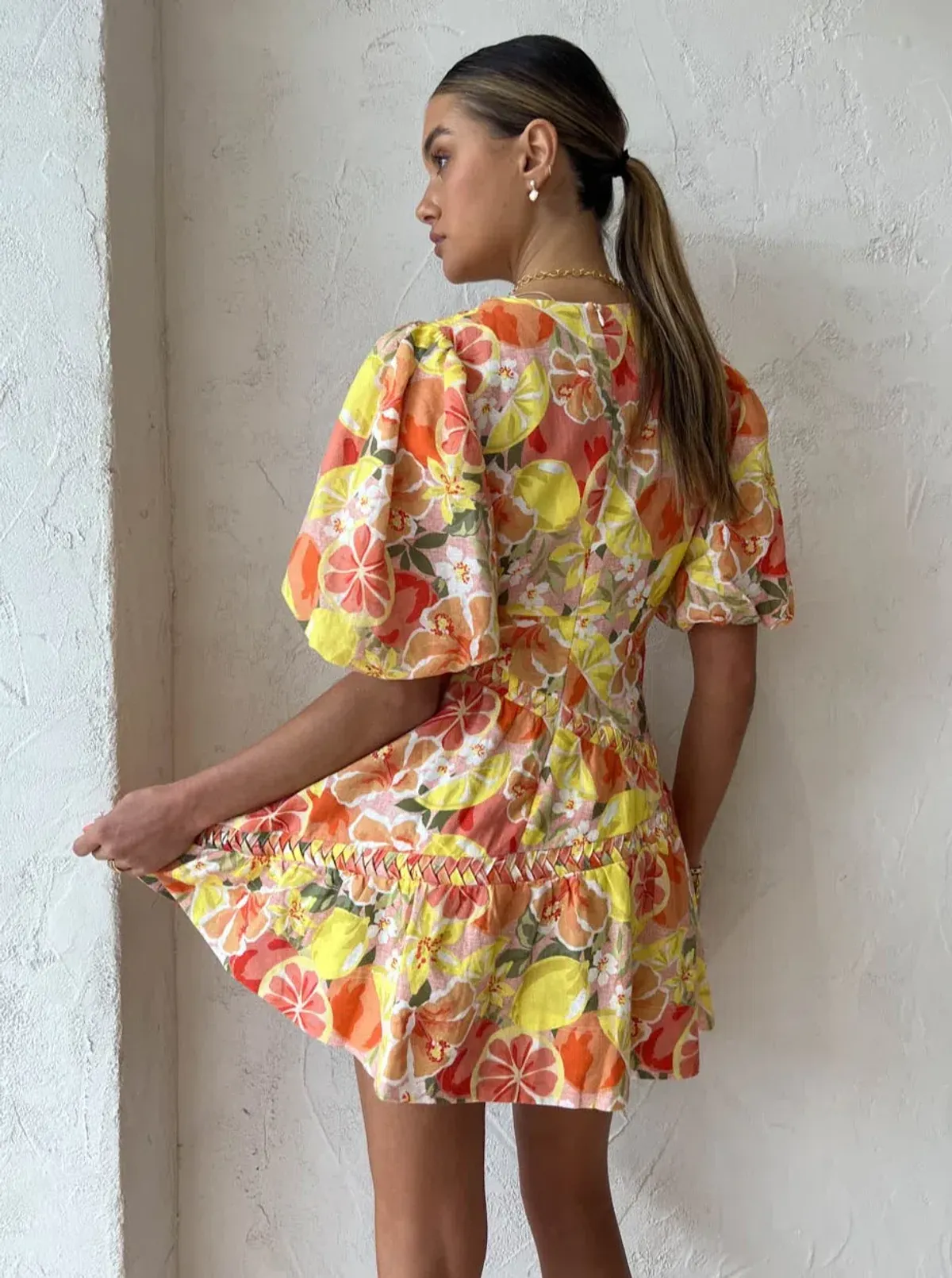 By Nicola Sol Puff Sleeve Mini Dress In Citrus Print Size 10 - Image 4