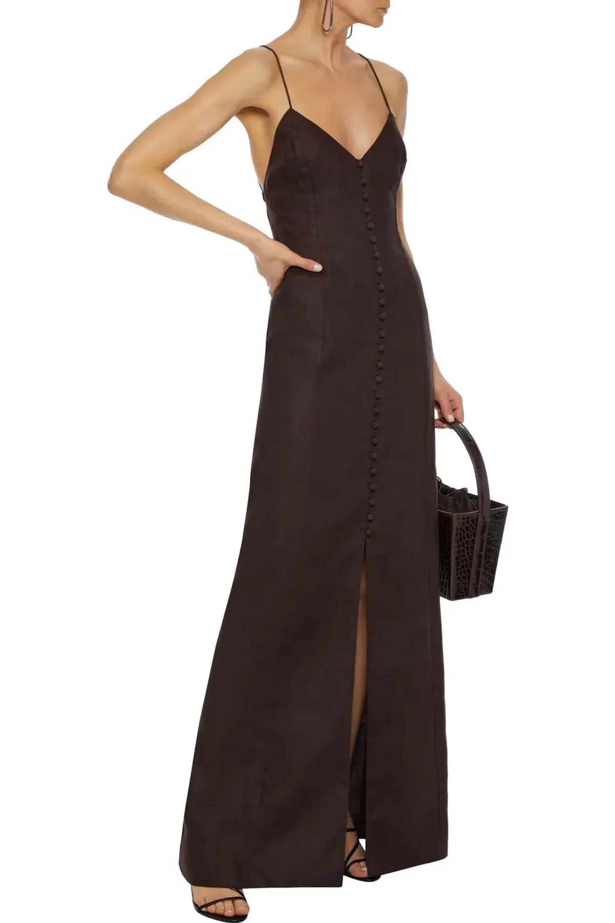 Zimmermann Corsage Open-back Button-detailed Linen Maxi Dress In Chocolate Size 0/Au 8 - Image 1