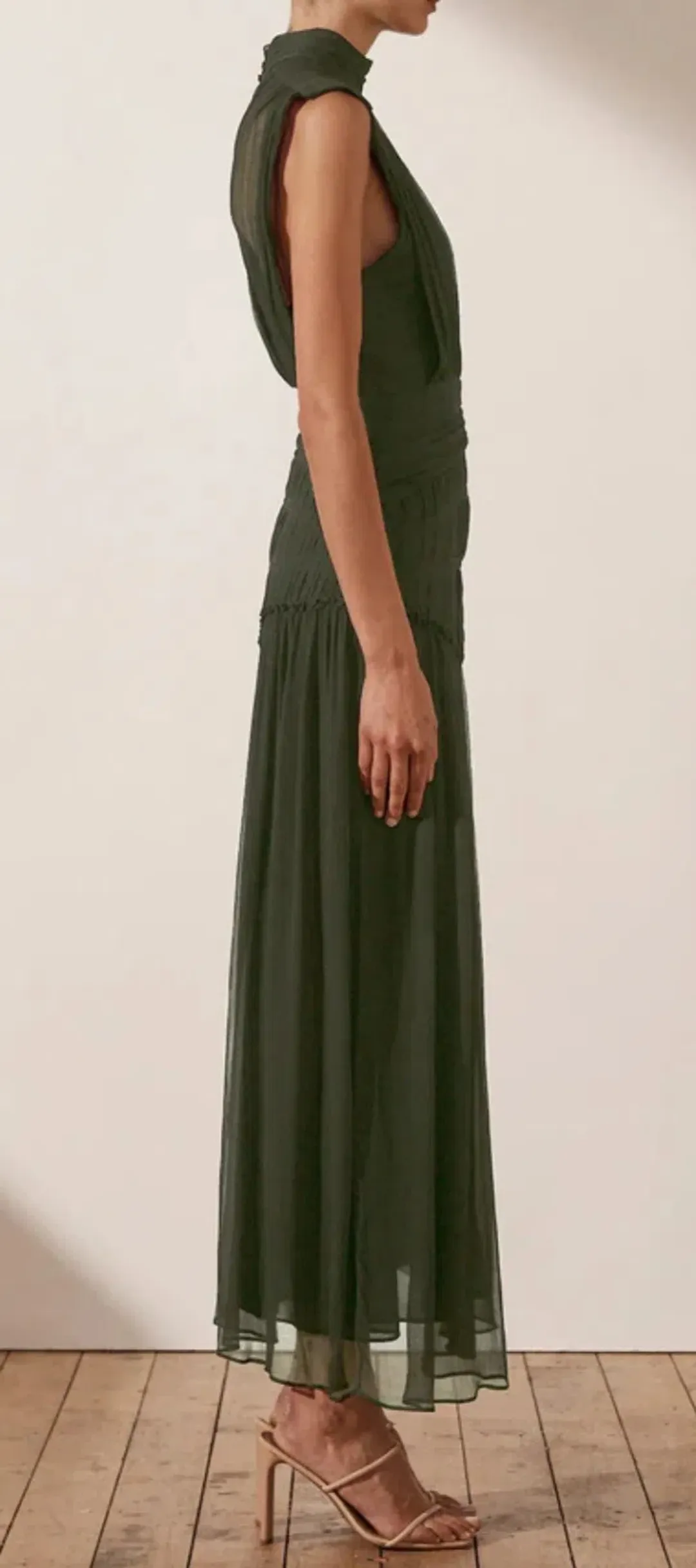 Shona Joy Clemence High Neck Midi Dress Olive Size 10 / M for rent on The Volte - main image