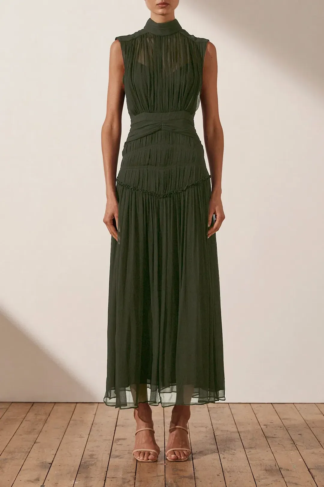 Shona Joy Clemence High Neck Midi Dress Olive Size 10 / M for rent on The Volte - main image