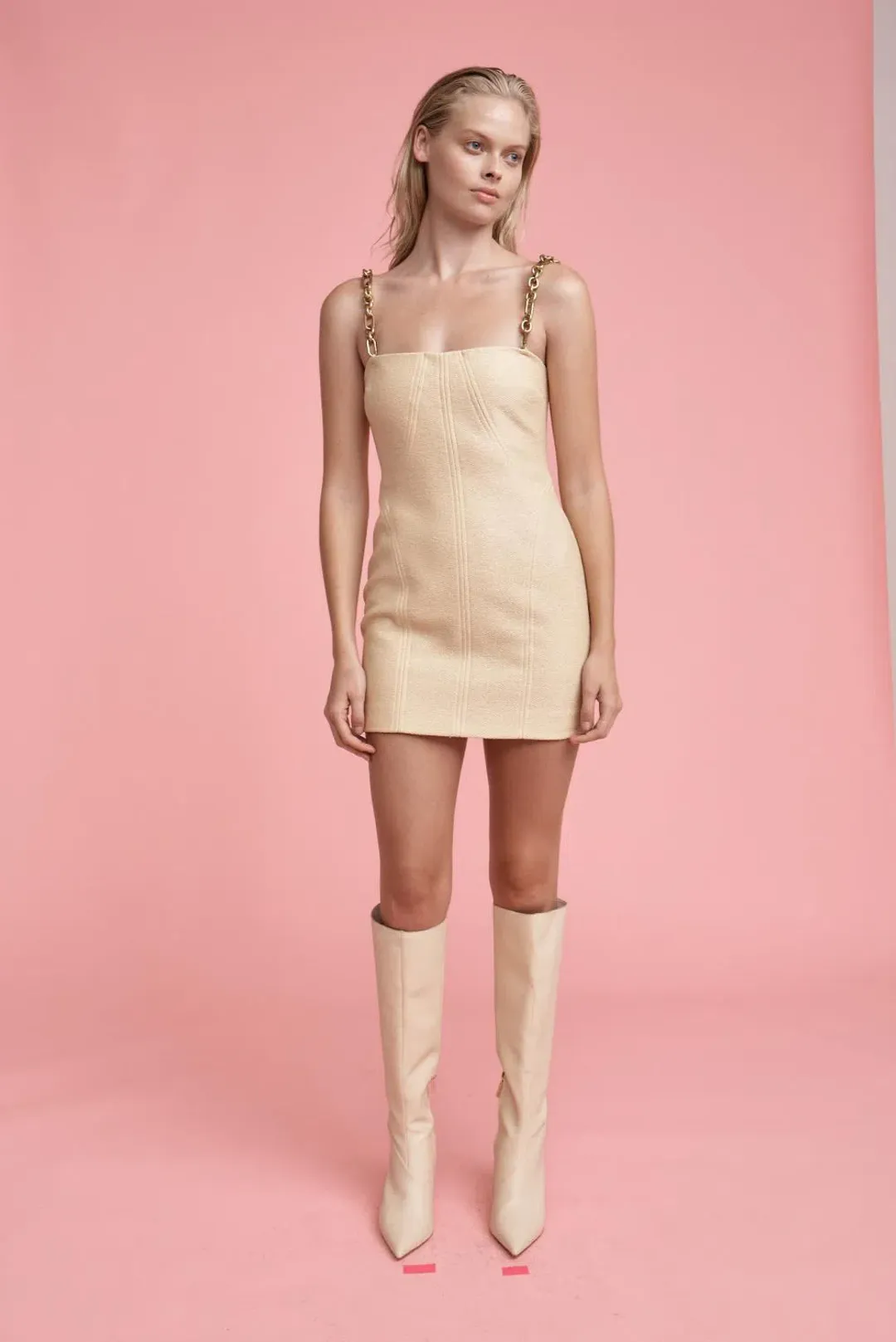 Manning Cartell Neo Classic Mini Dress with Chain Almond Size 8 for rent on The Volte - main image