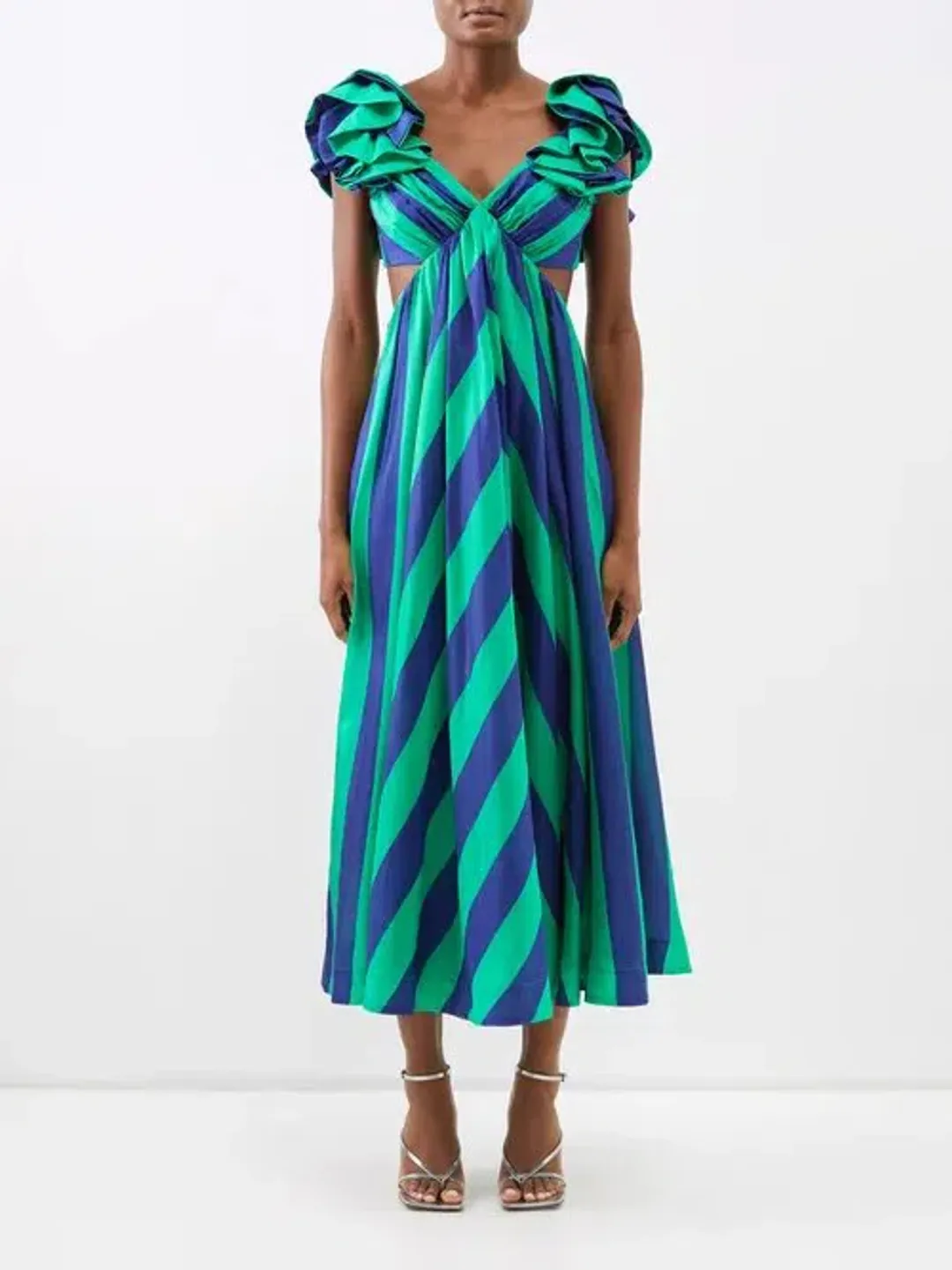 Zimmermann The Tiggy Frill Shoulder Dress in Navy/Green Stripe Size 1/Au 10 for rent on The Volte - main image