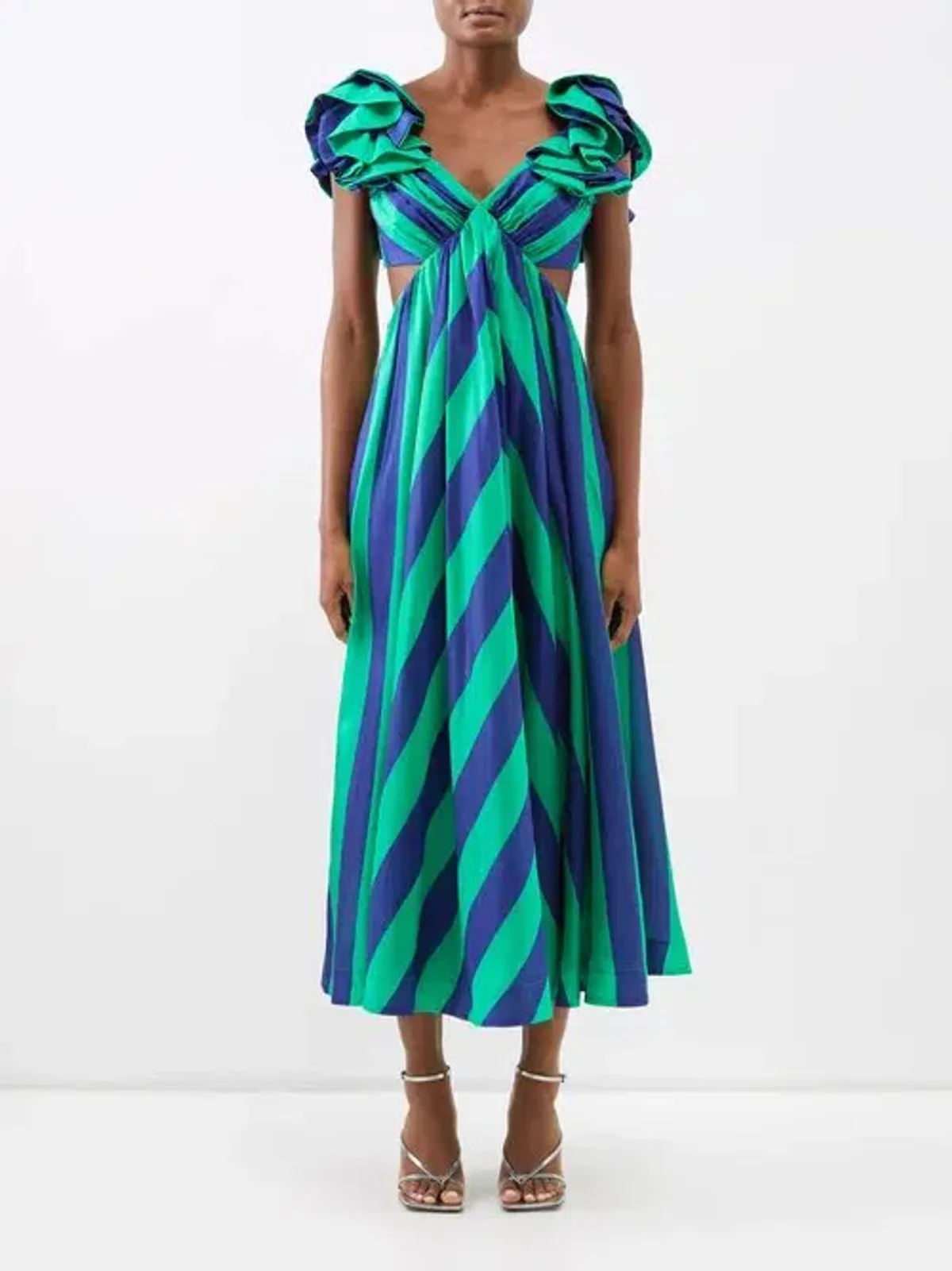 Zimmermann The Tiggy Frill Shoulder Dress in Navy/Green Stripe Size 1/Au 10 for rent on The Volte - main image