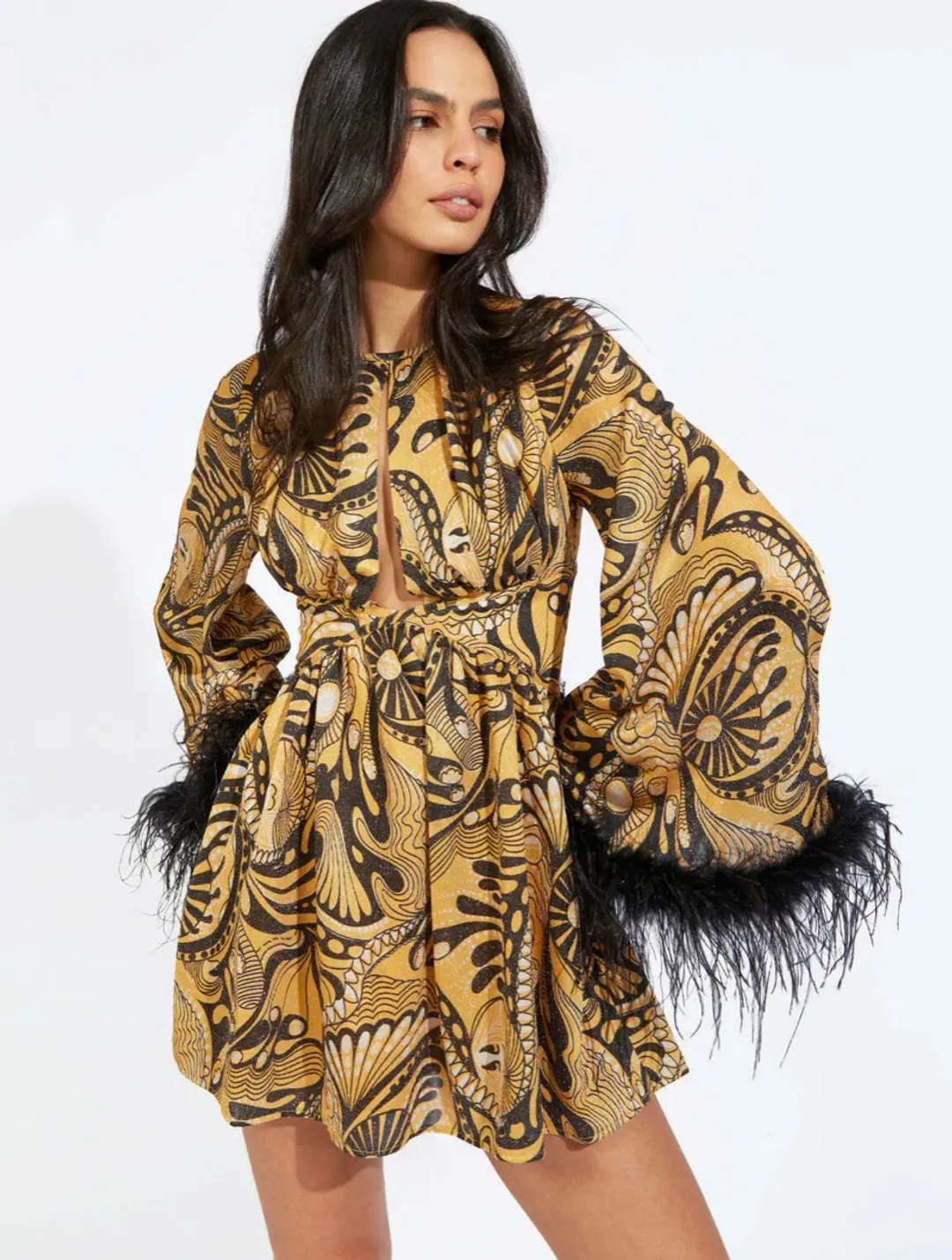 Alice McCall Feather Mini Dress Gold Dust Size AU 8 for rent on The Volte - main image