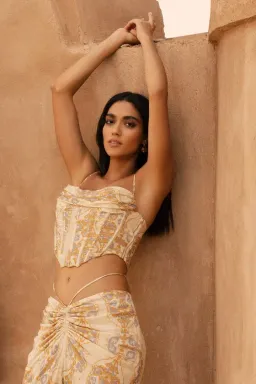 Meshki Cyra Corset Top And Afra Front Ruched Midi Skirt Persian Print Beige Size AU 8 for rent on The Volte - image 6