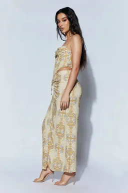 Meshki Cyra Corset Top And Afra Front Ruched Midi Skirt Persian Print Beige Size AU 8 for rent on The Volte - image 2