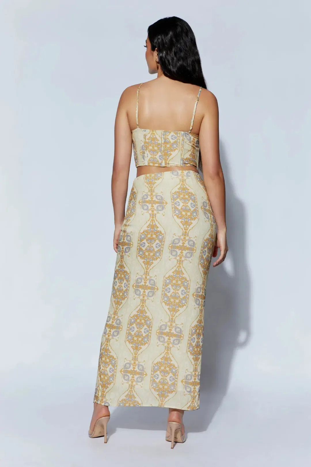 Meshki Cyra Corset Top And Afra Front Ruched Midi Skirt Persian Print Beige Size AU 8 for rent on The Volte - main image