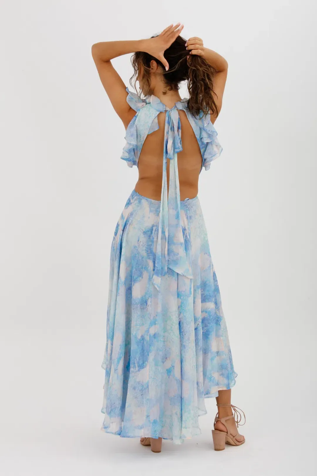 Leo Lin Oceana Open-back Gathered Printed Silk-chiffon Midi Dress In Blue Size AU 10 for rent on The Volte - main image
