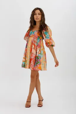 Zimmermann Lola Gathered Floral-print Linen Mini Dress Orange Size 0 / AU 8 for rent on The Volte - image 1