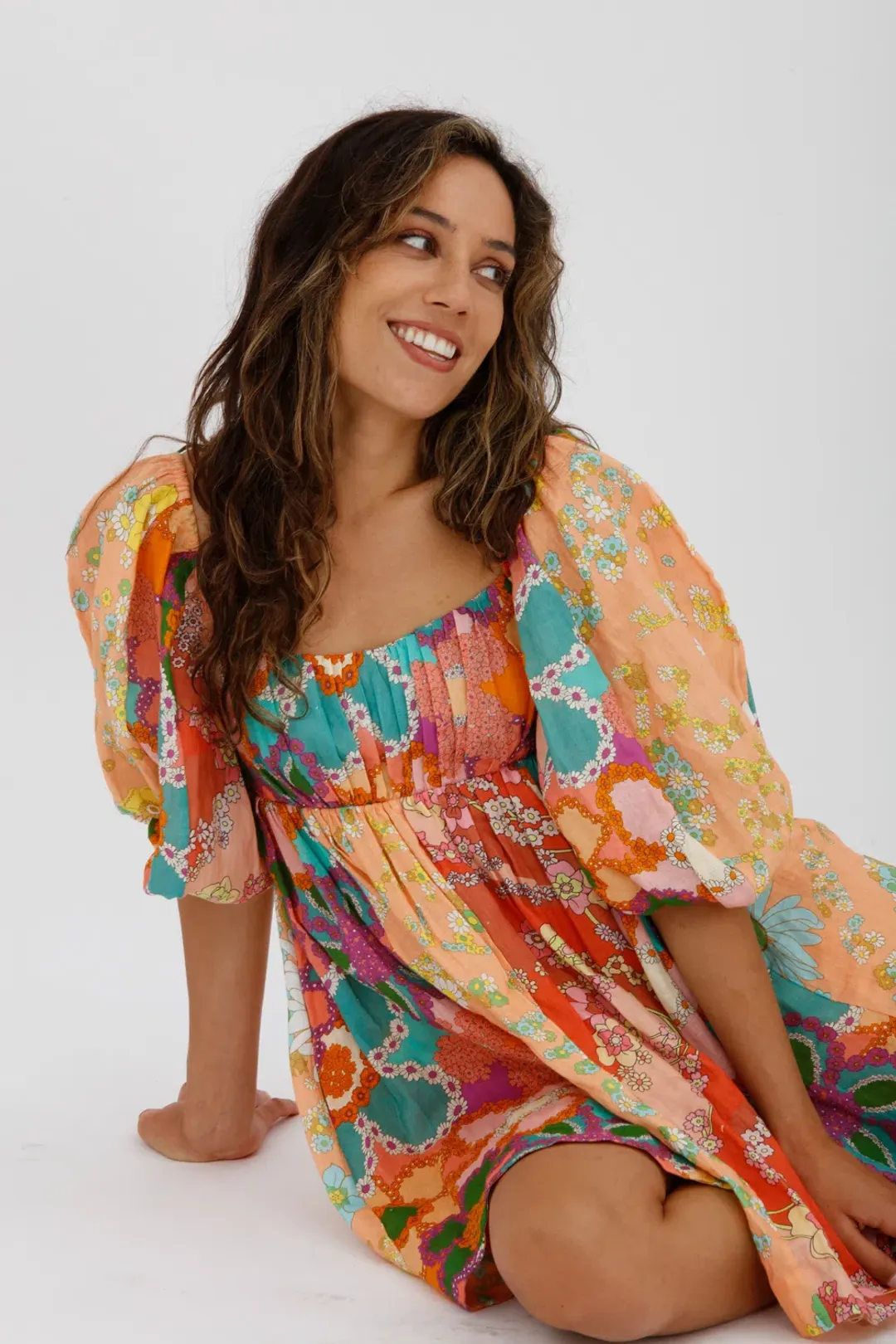 Zimmermann Lola Gathered Floral-print Linen Mini Dress Orange Size 0 / AU 8 for rent on The Volte - main image