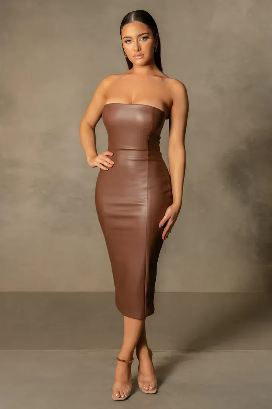 Meshki Pamela Strapless Faux Leather Dress Brown Size AU 8 for rent on The Volte - main image