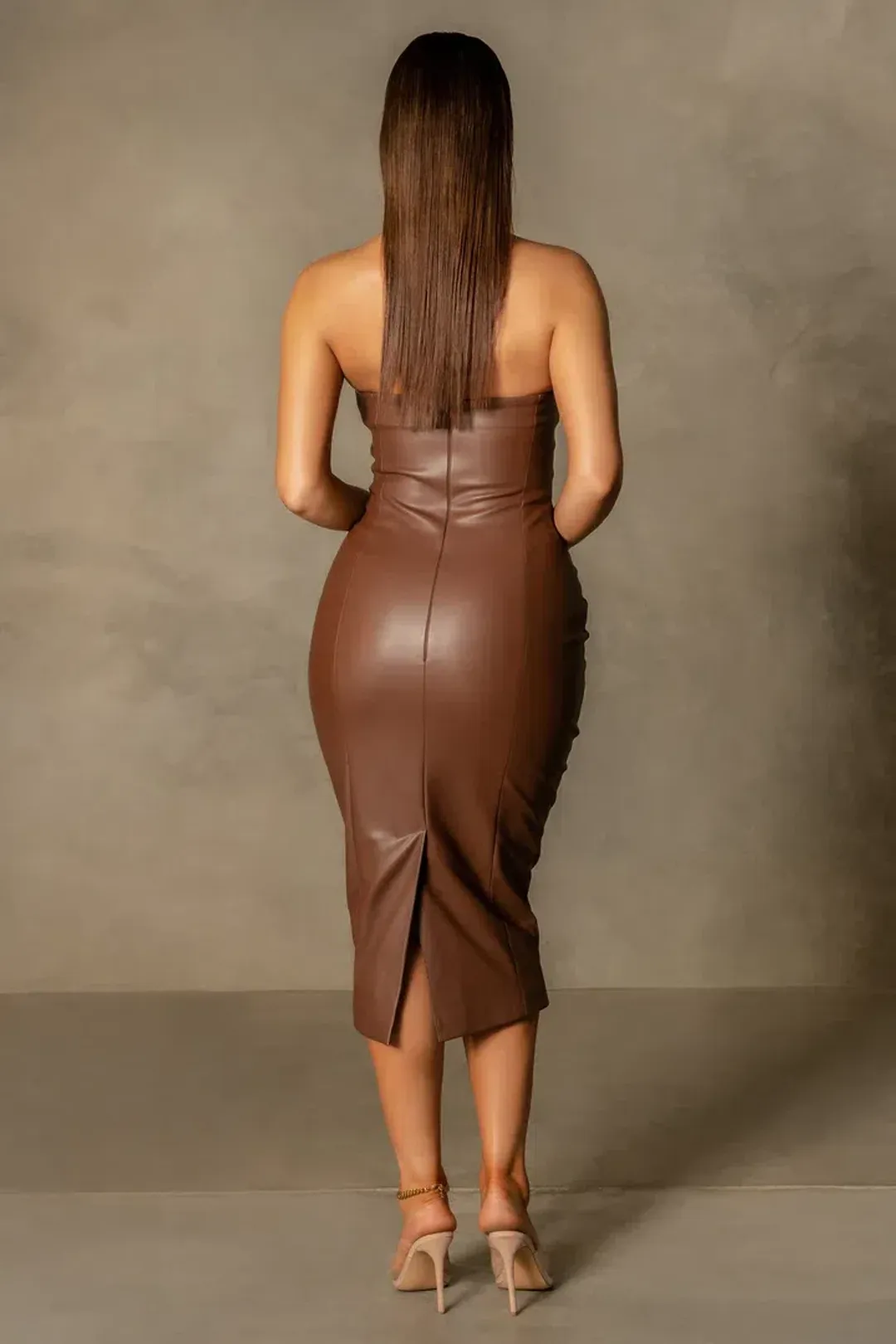 Meshki Pamela Strapless Faux Leather Dress Brown Size AU 8 for rent on The Volte - main image