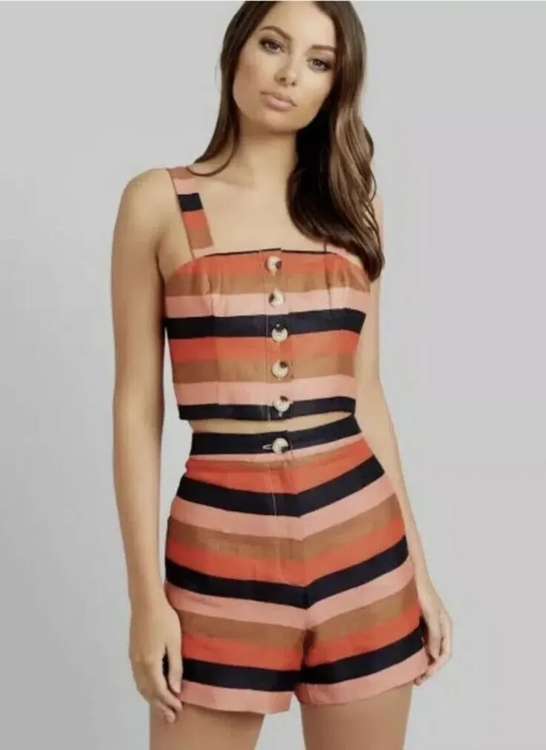 Kookai Fiesta Stripes Linen Cropped Top And Shorts Orange Size 38/ AU 10 for rent on The Volte - main image