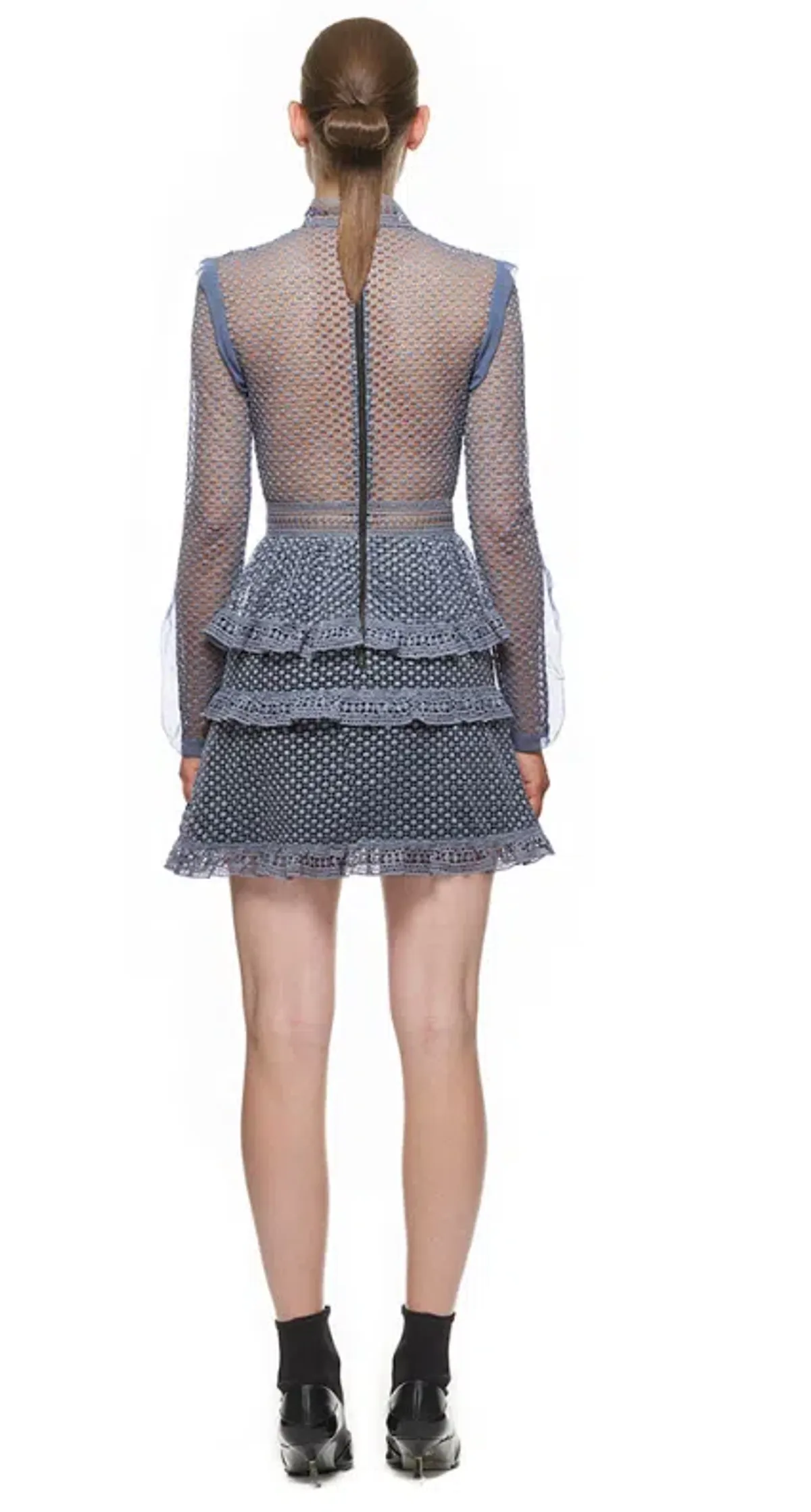 Self Portrait Dot Mesh Tiered Mini Dress Grey Size AU 6 - Image 2