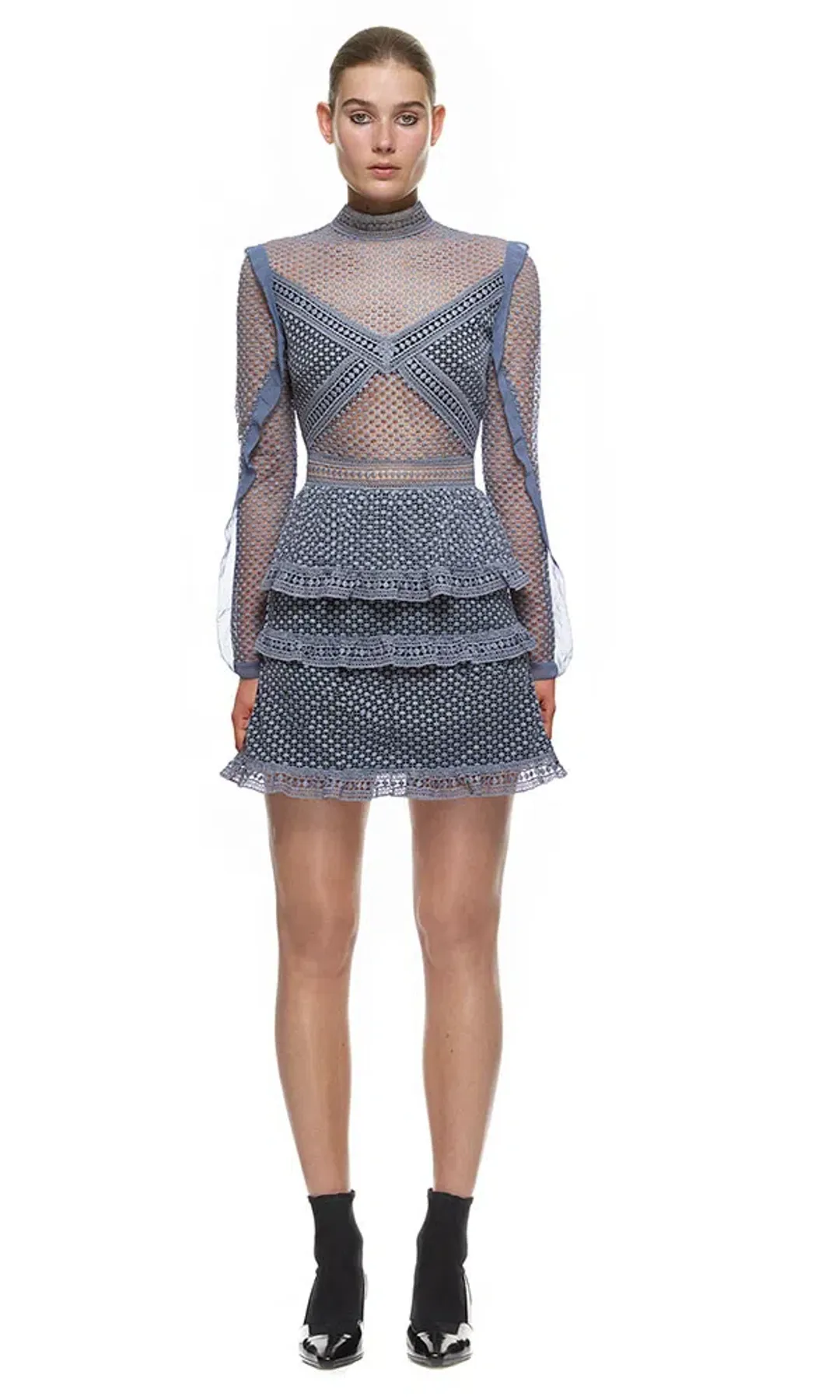 Self Portrait Dot Mesh Tiered Mini Dress Grey Size AU 6 for rent on The Volte - main image